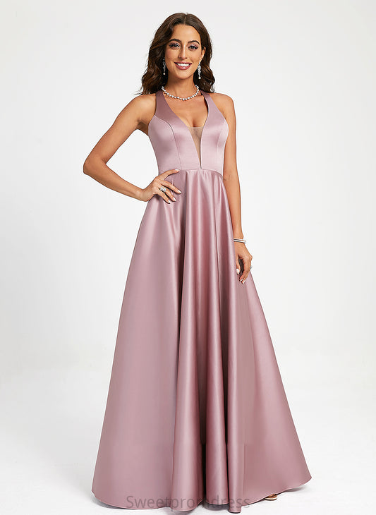 A-Line Prom Dresses V-neck Eva Floor-Length Satin