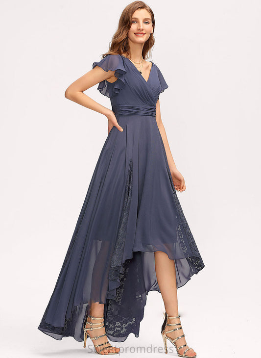 Embellishment Lace Neckline Length Fabric Asymmetrical V-neck Silhouette A-Line Ruffle Shirley Natural Waist Bridesmaid Dresses