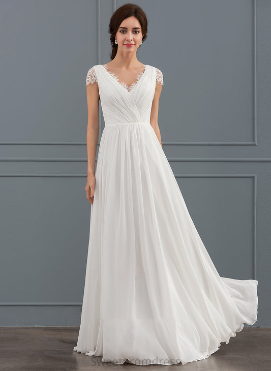 A-Line With Chiffon Lace Ruffle Wedding Dress Kamora Wedding Dresses Floor-Length V-neck