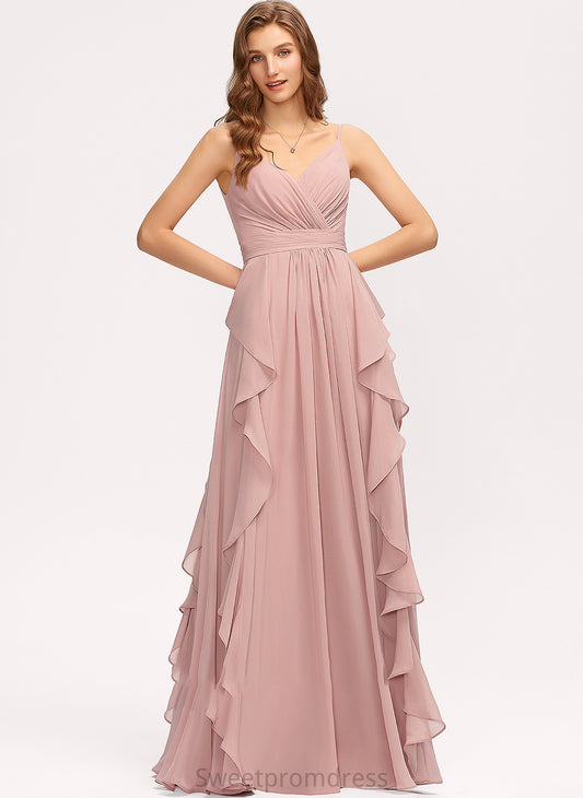 A-Line CascadingRuffles V-neck Floor-Length Length Silhouette Fabric Ruffle Embellishment Neckline Trinity Sleeveless Bridesmaid Dresses