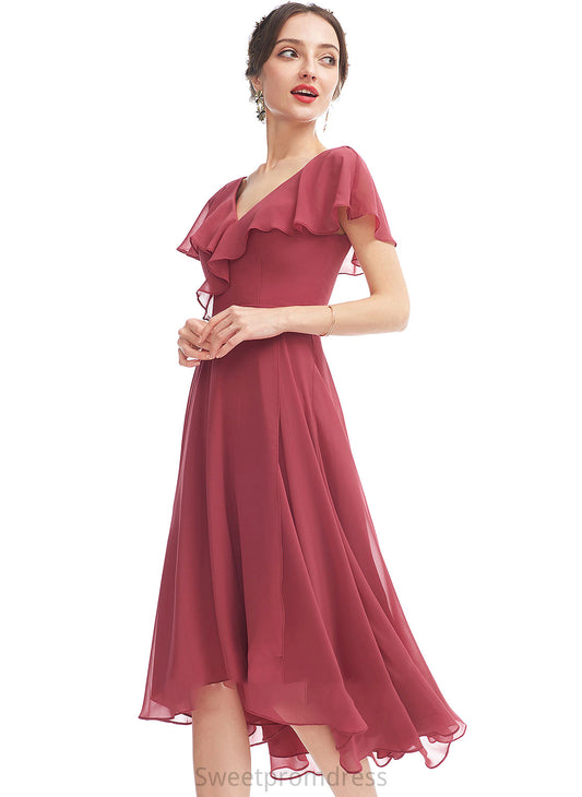 Silhouette Fabric V-neck Length Embellishment Asymmetrical A-Line Neckline Ruffle Sandy A-Line/Princess Tea Length Bridesmaid Dresses