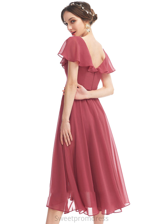 Silhouette Fabric V-neck Length Embellishment Asymmetrical A-Line Neckline Ruffle Sandy A-Line/Princess Tea Length Bridesmaid Dresses