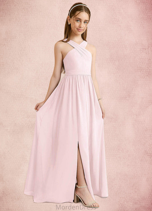 Xiomara A-Line Pleated Chiffon Floor-Length Junior Bridesmaid Dress Blushing Pink HKP0022849