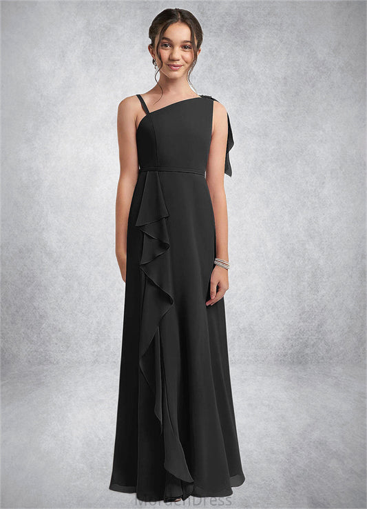 Alison A-Line Bow Chiffon Floor-Length Junior Bridesmaid Dress black HKP0022850
