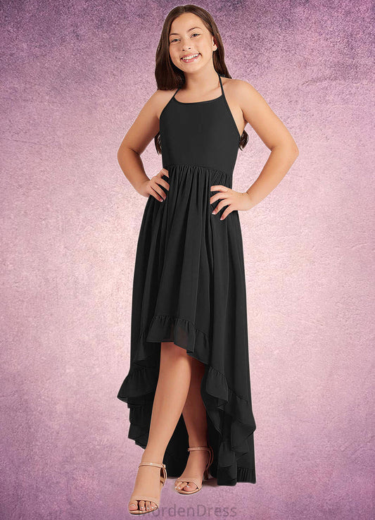Megan A-Line Lace Chiffon Asymmetrical Junior Bridesmaid Dress black HKP0022855