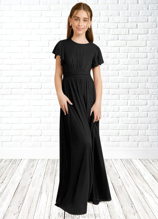 Yaretzi A-Line Ruched Mesh Floor-Length Junior Bridesmaid Dress black HKP0022857