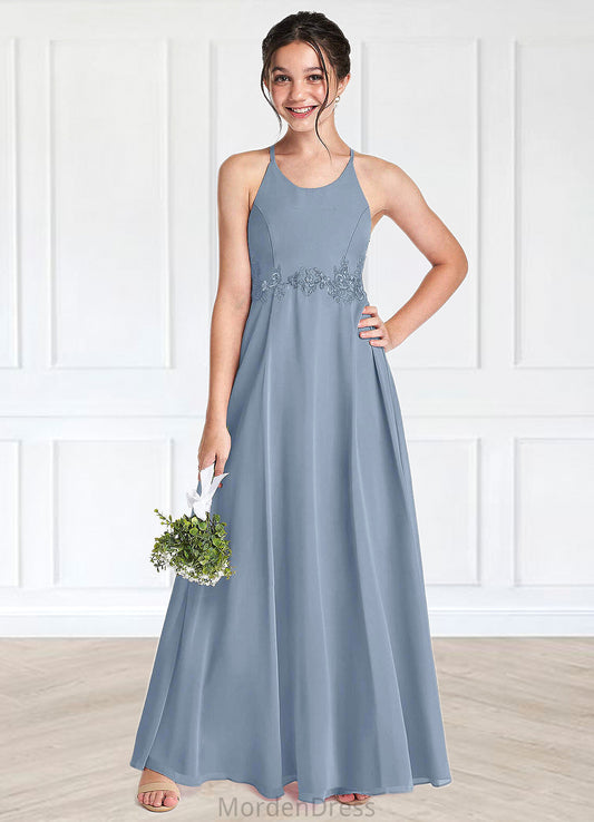 Sherlyn A-Line Lace Chiffon Floor-Length Junior Bridesmaid Dress dusty blue HKP0022860