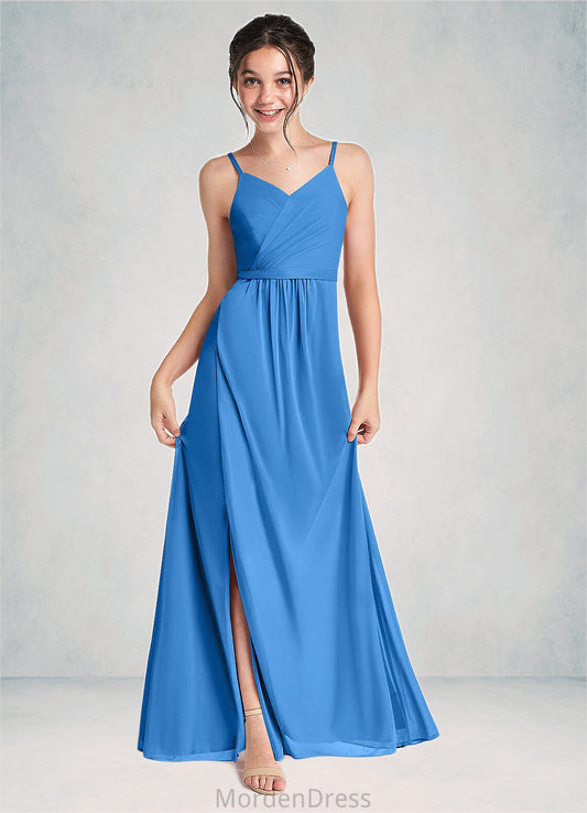 Undine Pleated Mesh Floor-Length Junior Bridesmaid Dress Blue Jay HKP0022861