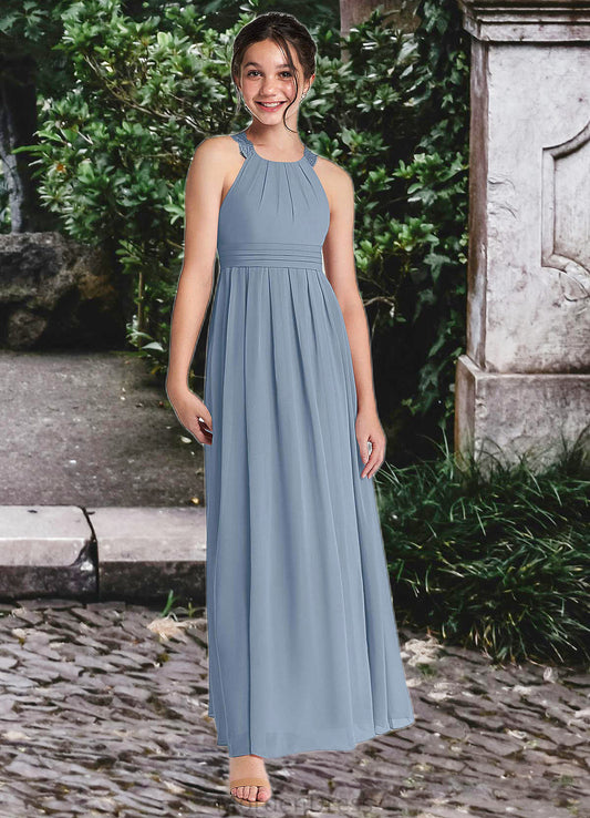 Lilliana A-Line Lace Chiffon Floor-Length Junior Bridesmaid Dress dusty blue HKP0022871