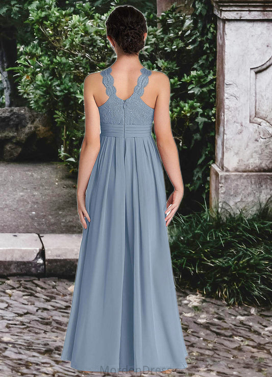 Lilliana A-Line Lace Chiffon Floor-Length Junior Bridesmaid Dress dusty blue HKP0022871