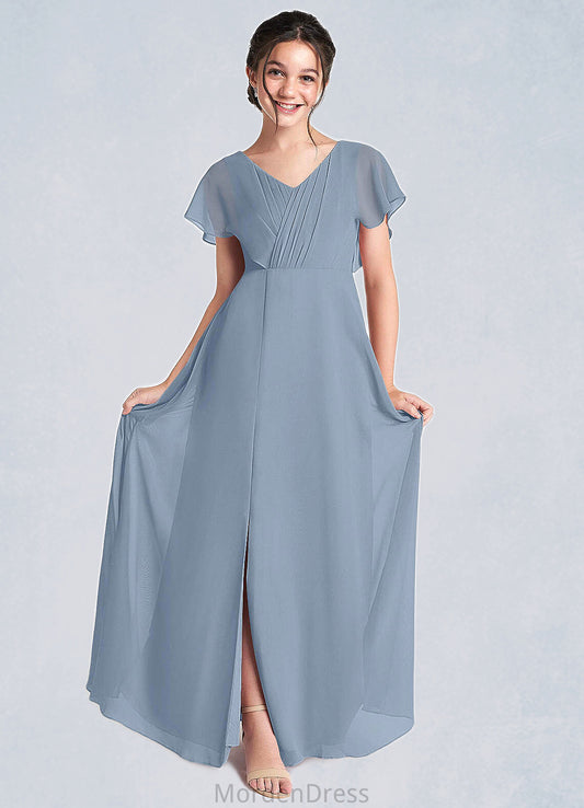 Liberty A-Line Ruched Chiffon Floor-Length Junior Bridesmaid Dress dusty blue HKP0022872