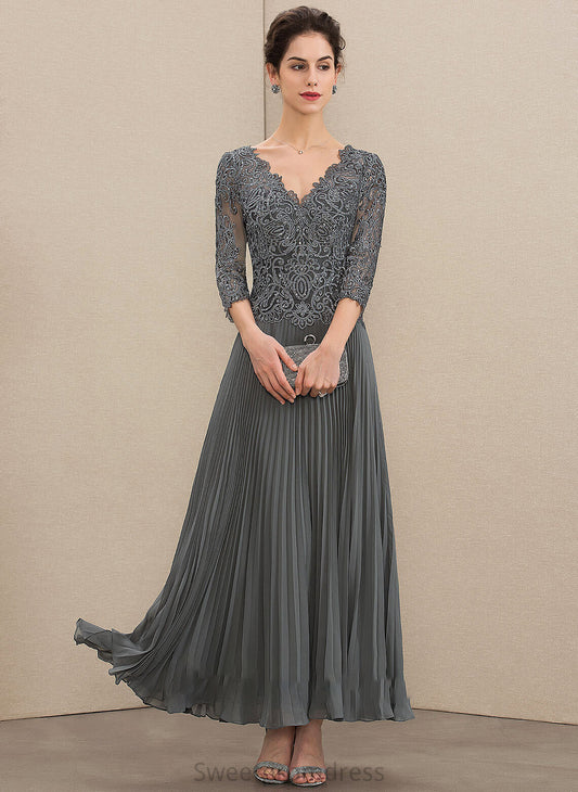 A-Line the Lace Bride Mother of the Bride Dresses Sequins V-neck of Pleated Ankle-Length Mother Quinn With Chiffon Dress