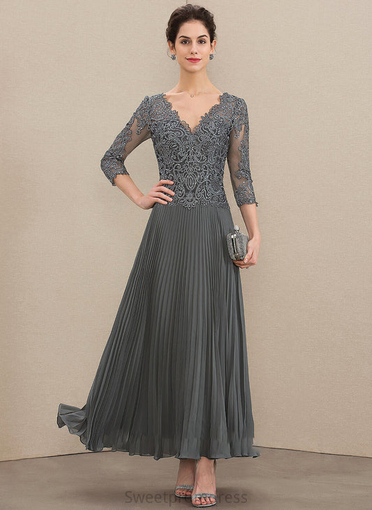 A-Line the Lace Bride Mother of the Bride Dresses Sequins V-neck of Pleated Ankle-Length Mother Quinn With Chiffon Dress
