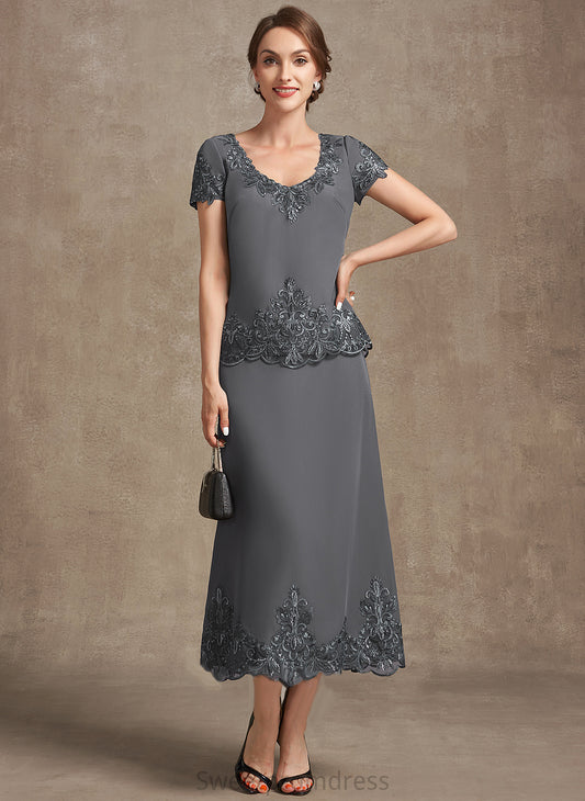 A-Line Bride Sequins Mother of the Bride Dresses of Dress Emerson Tea-Length Mother Scoop Neck Chiffon With the Lace