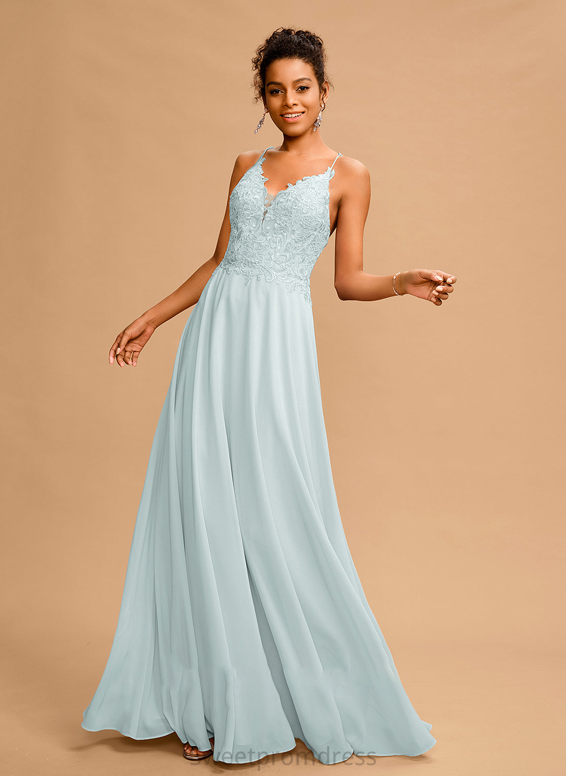 A-Line Floor-Length Sequins With Angelique V-neck Chiffon Prom Dresses