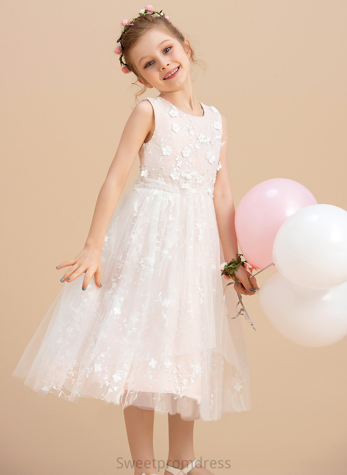 Tea-length Dress Beading/Flower(s) - Sleeveless Scoop Flower Girl Dresses Neck Tulle/Lace Girl With Flower A-Line Karley