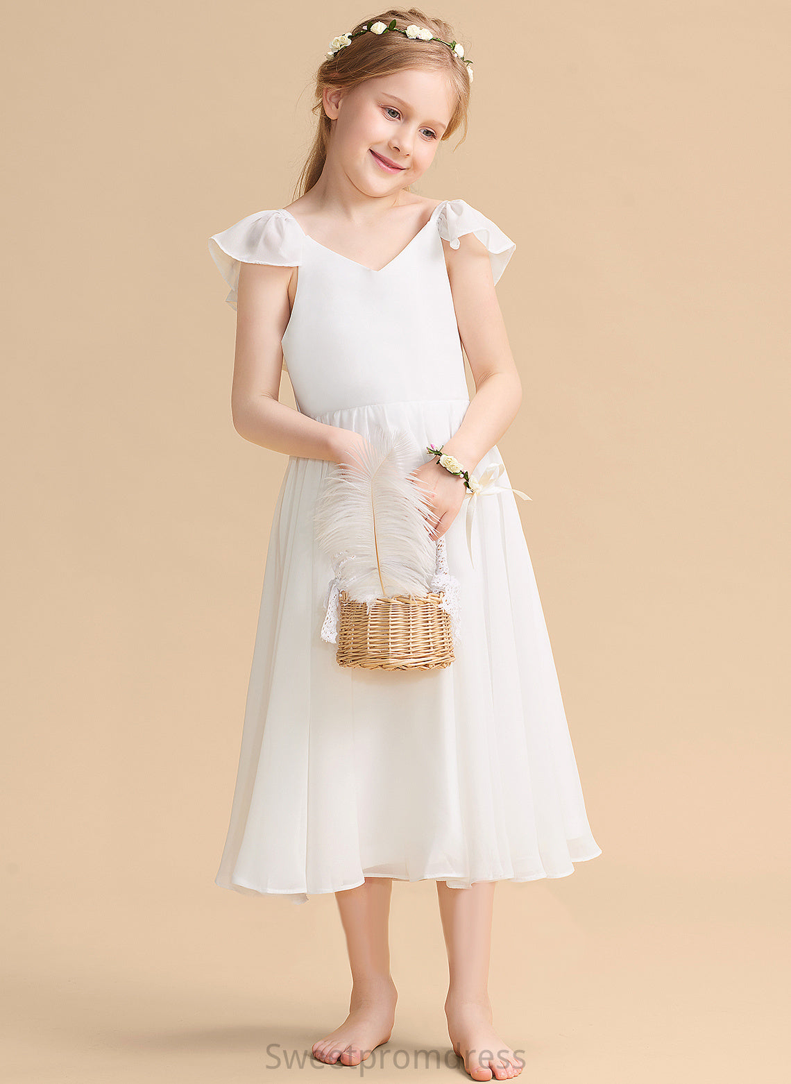 Chiffon/Satin Alula Sleeveless Girl - Flower Tea-length Flower Girl Dresses Dress A-Line V-neck