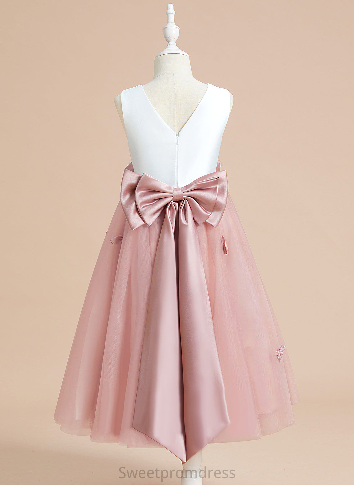 A-Line Dress Satin/Tulle With Scoop Flower(s)/Bow(s) Tea-length - Flower Flower Girl Dresses Aurora Neck Sleeveless Girl