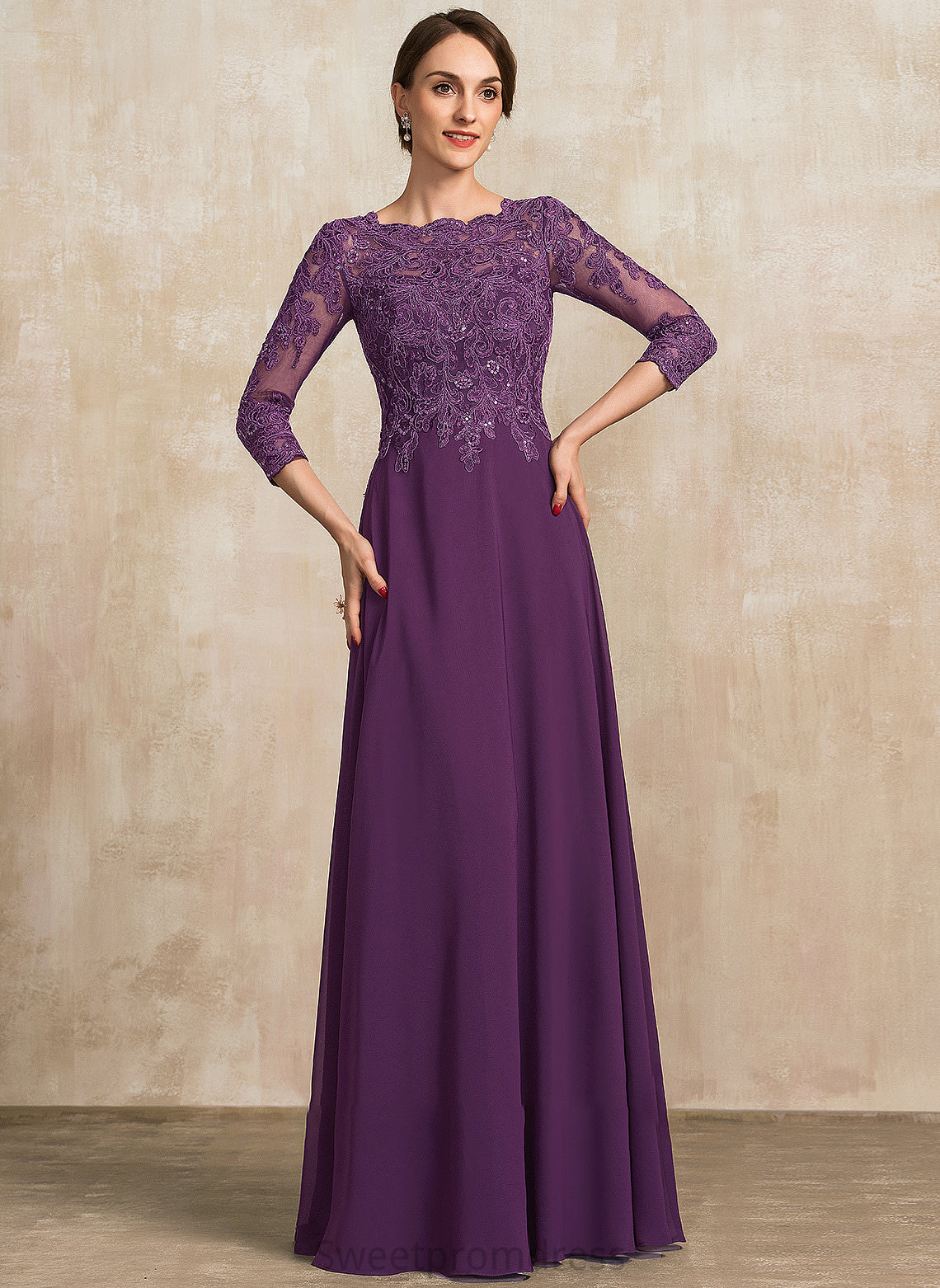 A-Line Floor-Length Mother of the Bride Dresses Bride Lacey Dress Neck Chiffon Scoop Lace the With Sequins of Mother