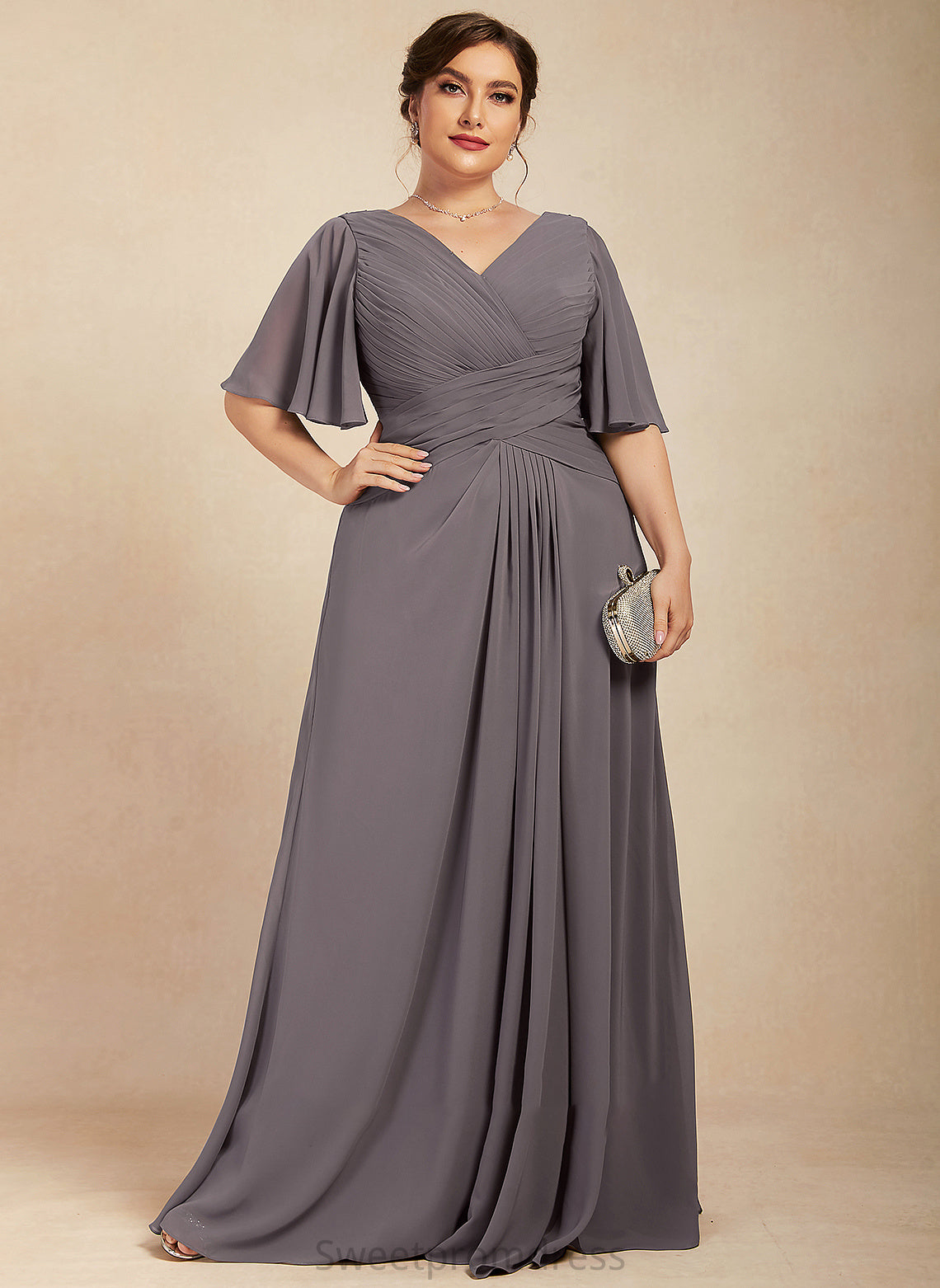 Alani Mother of the Bride Dresses Chiffon Floor-Length the Dress With Bride A-Line Mother Ruffle V-neck of
