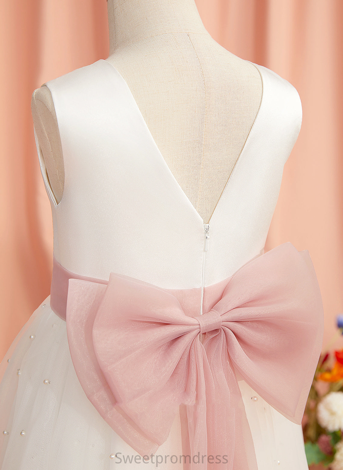 Naomi Sash/Bow(s)/V Satin/Tulle Back Dress Neck - Scoop Sleeveless Tea-length Flower Girl Dresses With A-Line Girl Flower